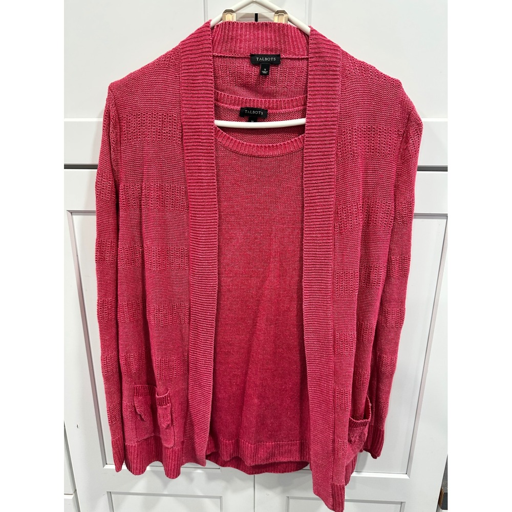 Talbots Pink Linen‎ Knit Open Front Cardigan Sweater Set Women's Size S M